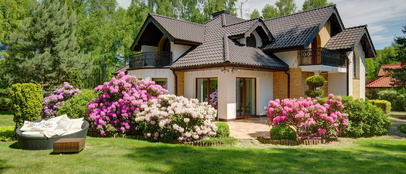 Single family home with a landscaped front yard in bloom